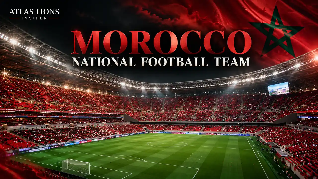 Morocco national football team editorial graphic featuring Prince Moulay Abdellah Stadium in Rabat, the Moroccan flag and Atlas Lions Insider branding.