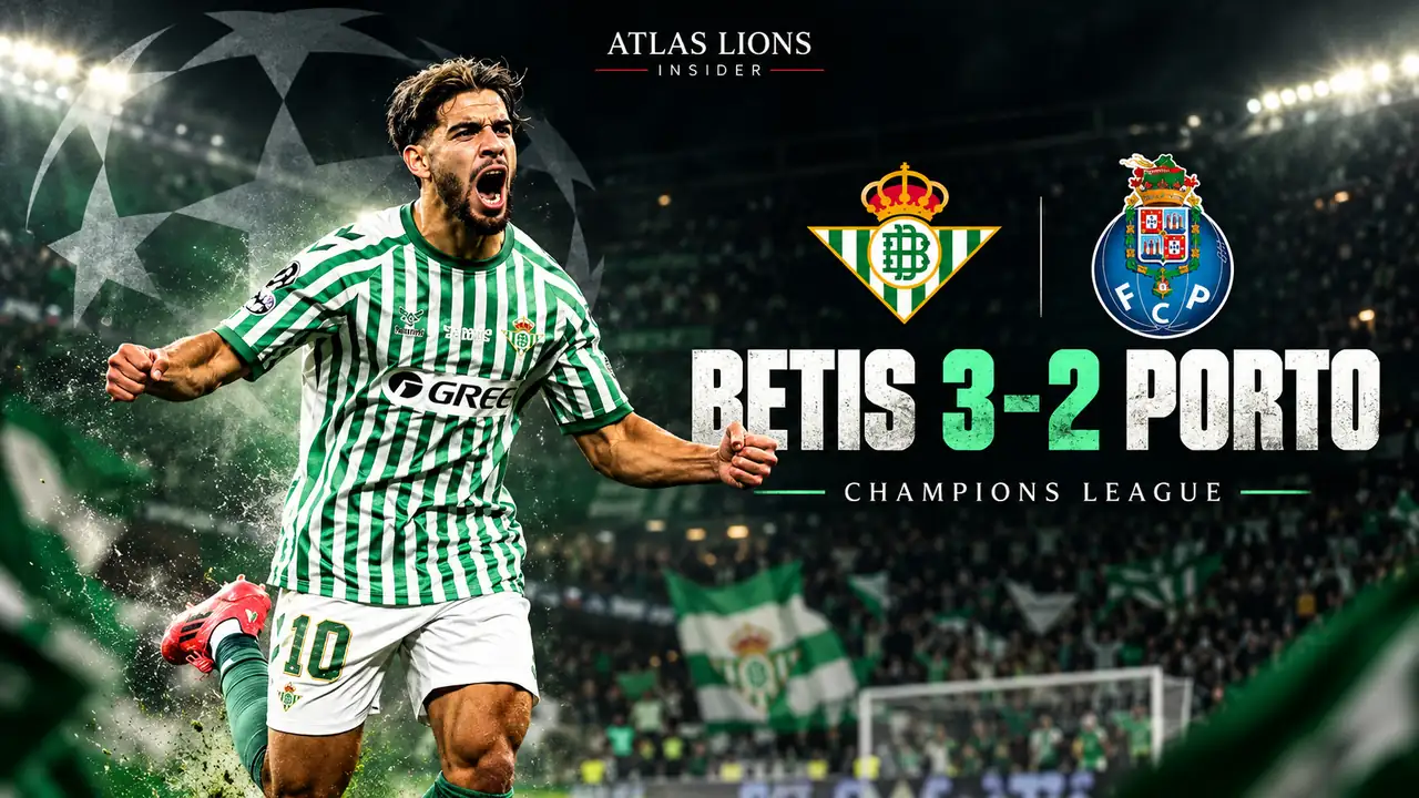Abde Ezzalzouli celebrating in Real Betis colours, with the Betis 3-2 Porto Champions League scoreline.