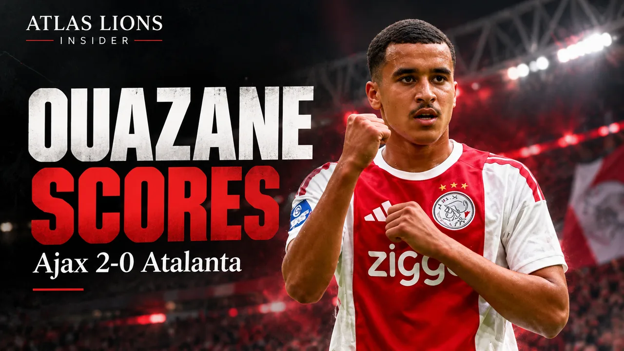 Abdellah Ouazane in an Ajax jersey, featured in an Atlas Lions Insider graphic about Ajax's 2-0 win over Atalanta.
