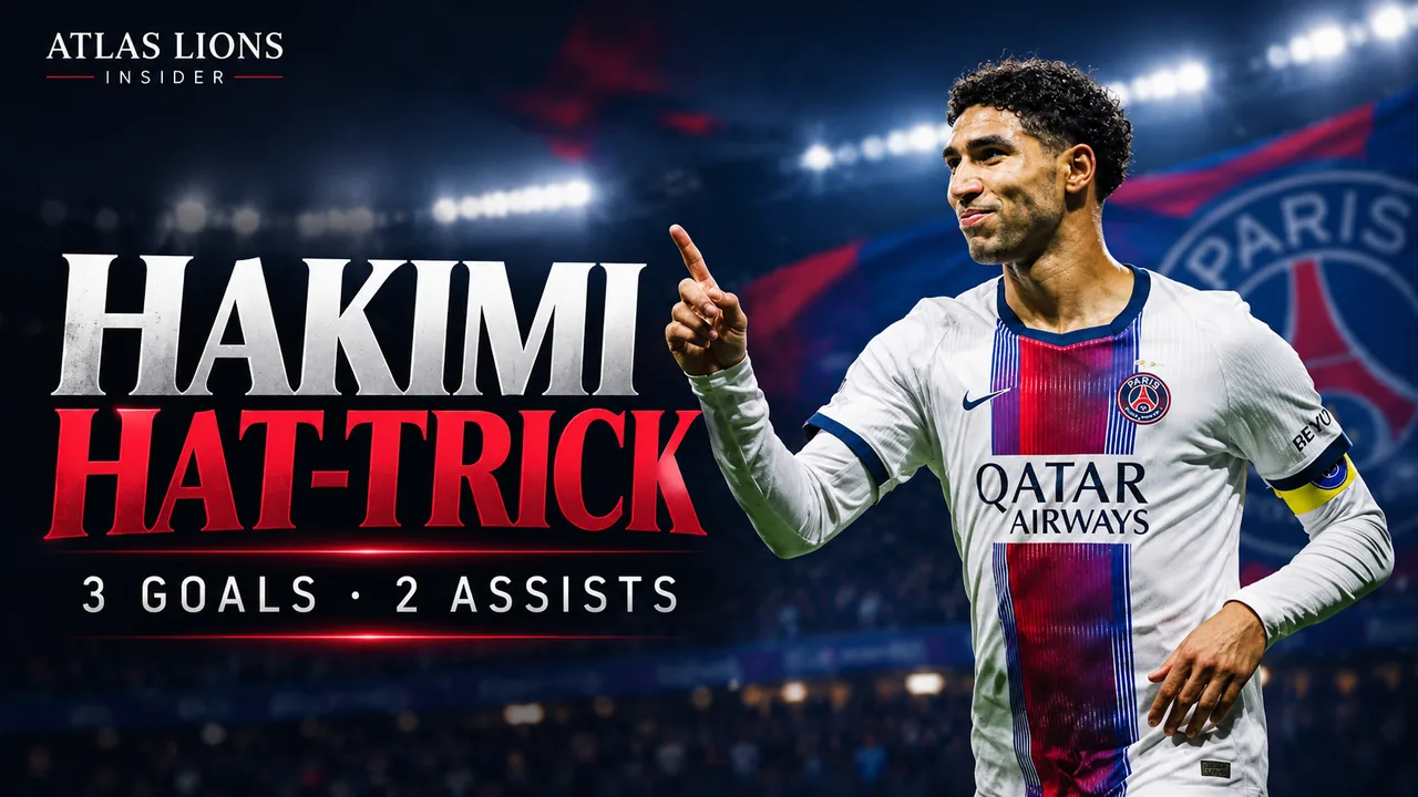 Atlas Lions Insider graphic featuring Achraf Hakimi in a PSG jersey, highlighting his hat-trick and two assists in the 5-1 victory over Le Havre.