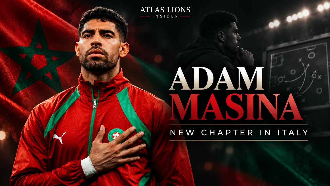 Adam Masina in Morocco's red national team tracksuit, featured in an Atlas Lions Insider graphic about his new coaching role in Italy.