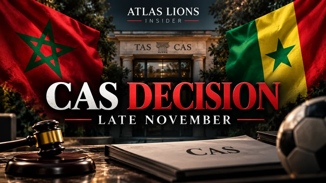 Atlas Lions Insider graphic showing Morocco and Senegal flags with CAS decision late November headline.